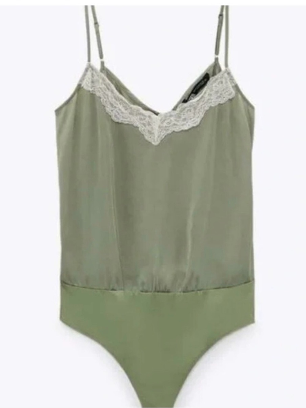Zara Olive Green Satin Bodysuit Classy Ivory Lace Design